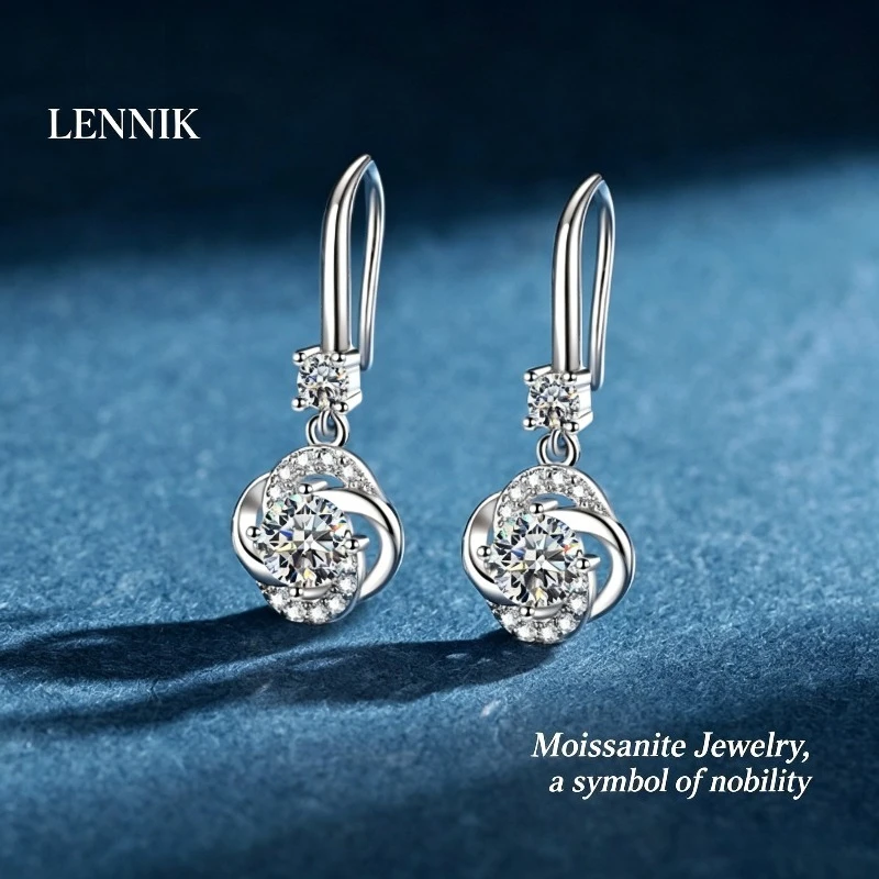 LENNIK S925 Silver Moissanite Four-leaf Clover Earrings Women's Temperament Earrings Long Ear Buckles Simple Ear Jewelry