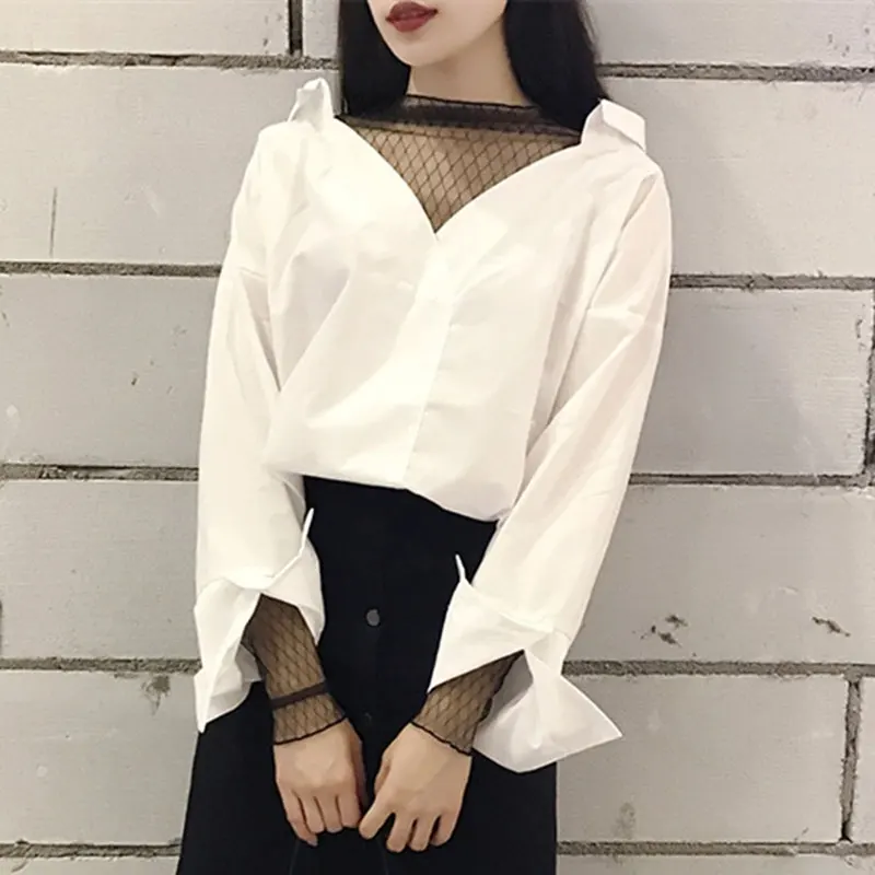 Fake Two Pieces Gauze Spliced Shirt Spring Autumn Korean Loose Female Clothing Long Sleeve Basic Casual Half High Collar Blouse