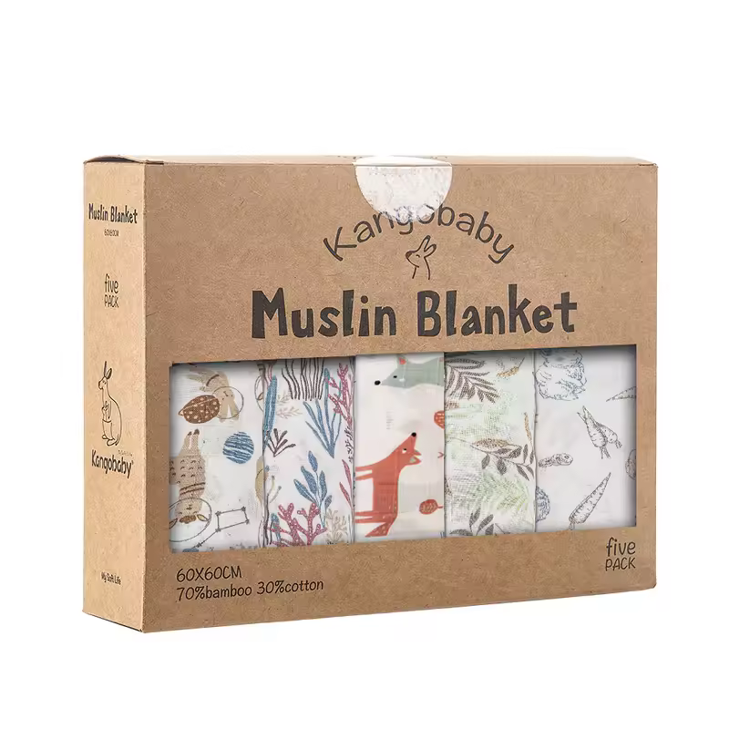 Kangobaby #My Soft Life# 5 Pieces Pack Multi-Functional Bamboo Cotton Muslin Blanket Baby Burp Cloth Set - Image 14
