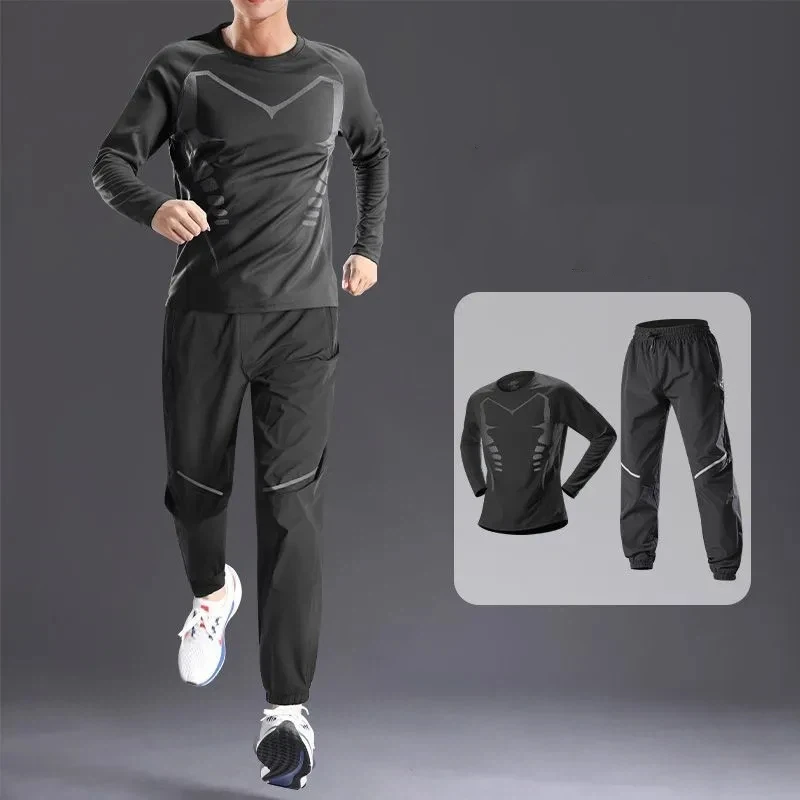 Mens Summer Ice Silk Quick Dry Two Piece Set Long Sleeve T Shirt Jogger Pants Running Cycling Gym Training Sports Outfit S 3XL