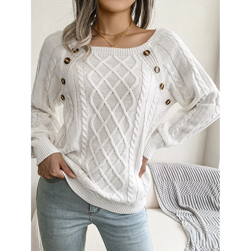 DRESSFO Women's Sweater Cable Knit Sweater Mock Button Raglan Sleeve Crew Neck Pullover Sweater