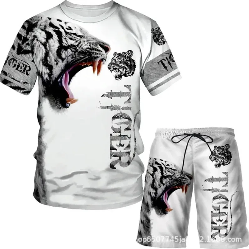 2025 Summer New 3D Printing Men's Casual Suit Lion and Tiger Print Series Men's Short-Sleeve Shorts Suit Round-Neck Casual Suit