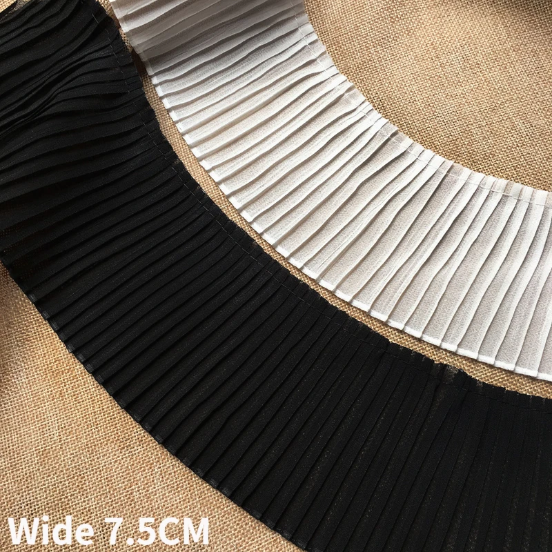 7.5CM Wide White Black Soft 3D Pleated Chiffon Fabric Lace Guipure Embroidered Ribbon Sewing Apparel Curtain Cloth DIY Crafts