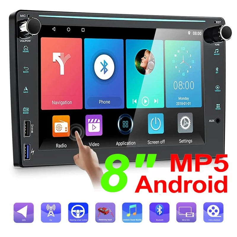 

8 Inch Quad Core Android 10.0 Car Multimedia Player 2 DIN Touch-Screen Car Stereo GPS WIFI FM BT Mirror Link 4 USB Input