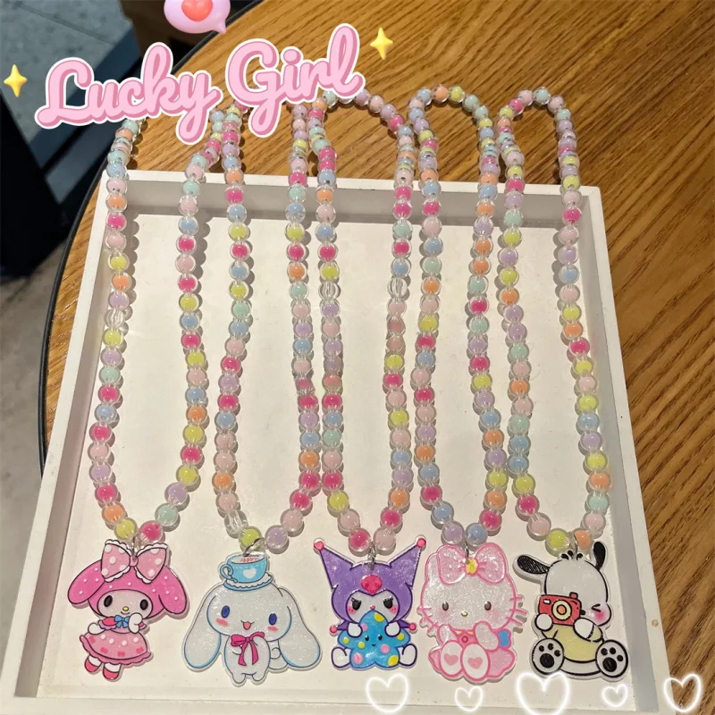 

Sanrio Hello Kitty Kuromi Necklace Children Pendant Cute Cartoon Little Girl Cartoon Accessories Beaded Jewelry Versatile Style