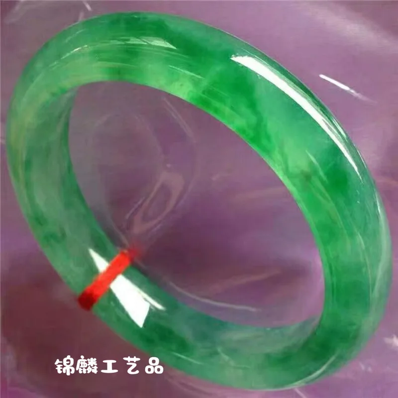 Old Mine  Waxy Ice Type  Bright with Flower Patterns  Jadeite Bracelet  Translucent Green Jade