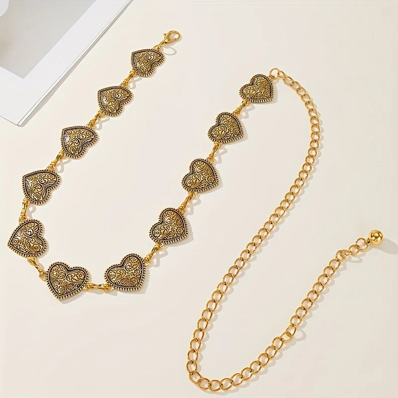 سلسلة خصر معدنية قابلة للتعديل Y2K كلاسيكية، زخرفة حزام على شكل قلب عتيق منحوت لعيد الحب، إكسسوارات عصرية على طراز البوهيمي الشرير.