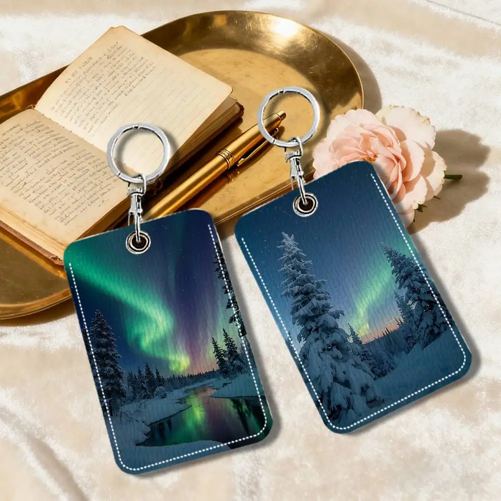 N-Northern Lights Scenery Kartenhalter aus Leder, Schlüsselanhänger, Schlüsselring, Zugangsanhänger, Ausweishülle, Schlüsselanhänger, Karte