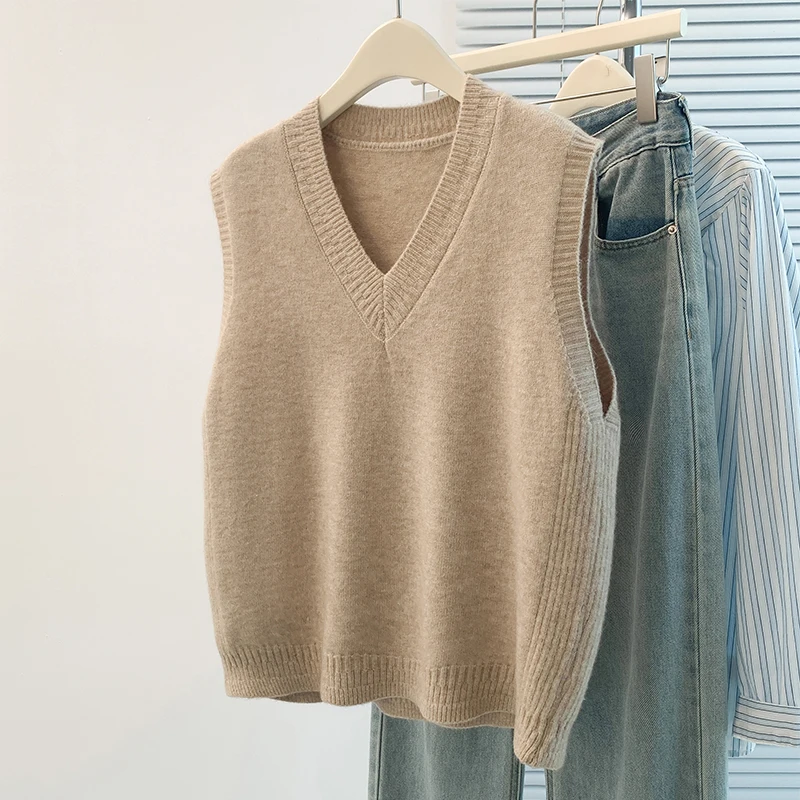 

Базовый корейский вязаный жилет с V-образным вырезом, женский свитер Ele для поездок на работу, топ на пуговицах, майка