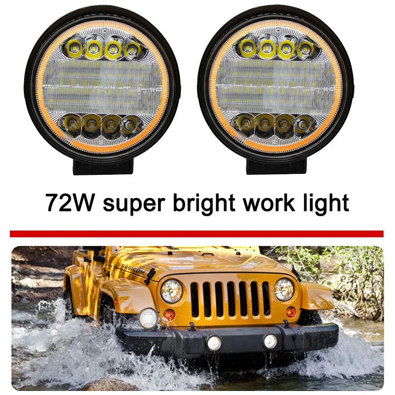 Ladiami 72W 4inch 6000K LED Bar White Light with Yellow Halo Round Led Work Lights Drl 12v 24v for Car SUV Trucks Fog Lamp