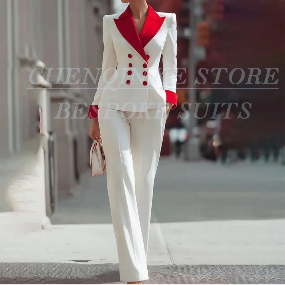 

White Women's Suits Trousers Sets Evening Party Female Clothing Customzied Double Breasted Slim Fit 2 Piece Jacket Pants Blazer