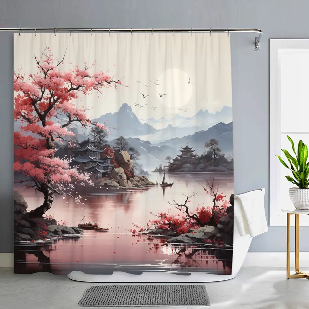 Pink Sakura Flowers Shower Curtains Japanese Cherry Blossoms Trees Floral Rustic Garden Landscape Fabric Print Bathroom Decor