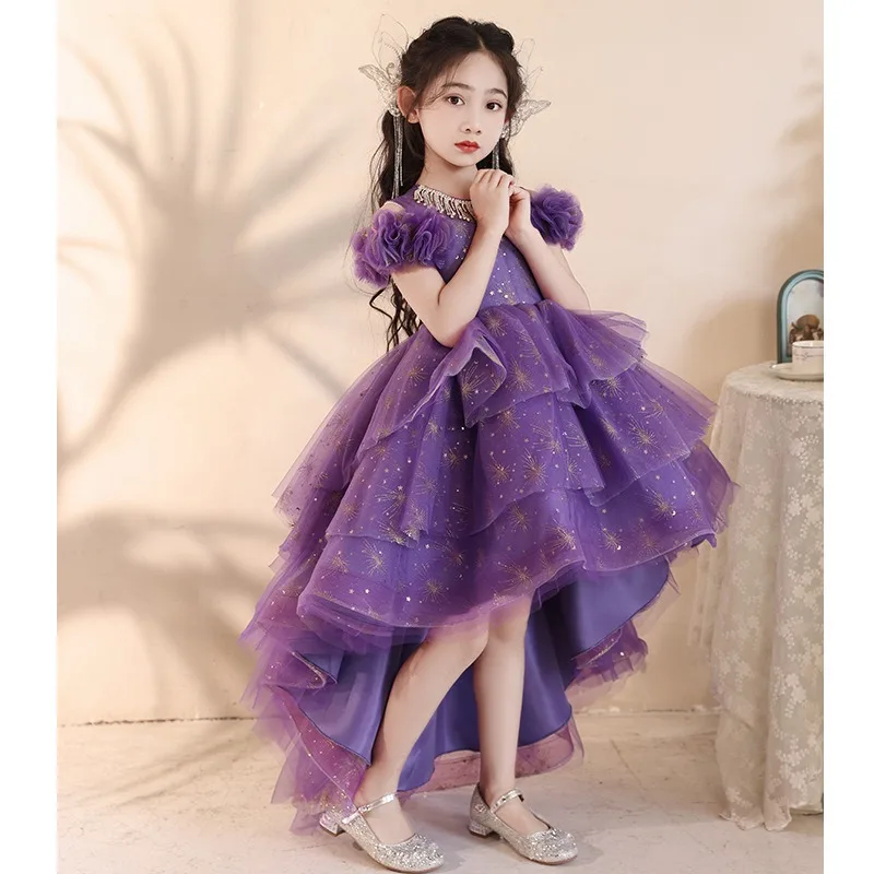 

New girl purple dress sweet front short back long sweet princess dress host flower girl wedding piano performance dress