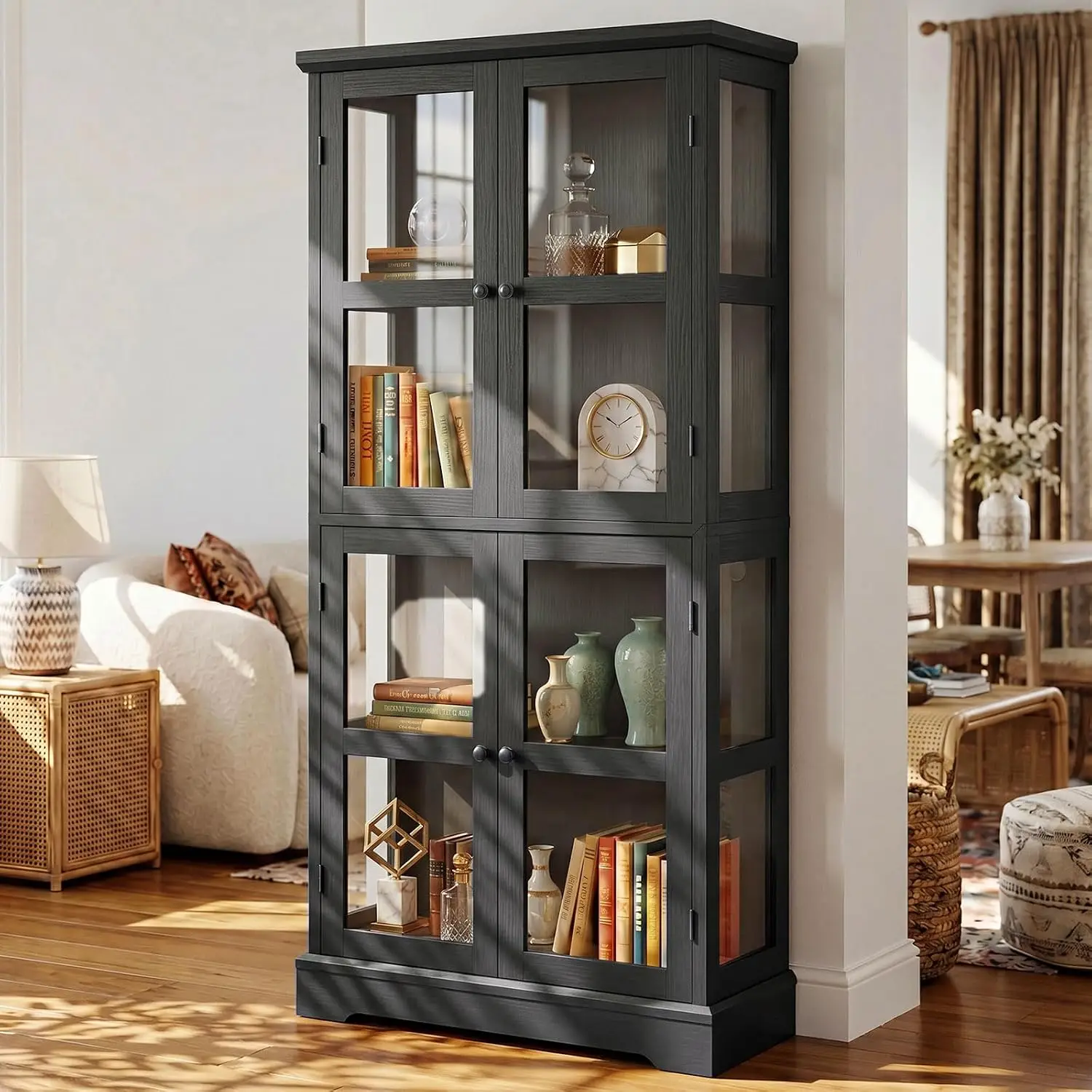 LED Bookcase Glass Doors & Storage Shelves, Display Cabinet for Books & Collectibles, Living Room Curio, 68", Customized