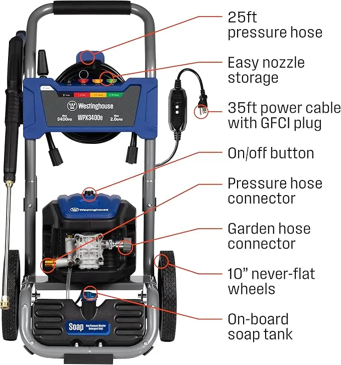 WPX3400e Electric Pressure Washer, 3400 Max PSI and 2.0 Max GPM, Brushless Motor, Onboard Soap Tank, Spray Gun and Wand