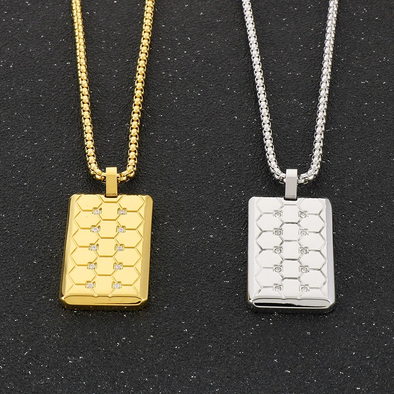 316L Stainless Steel Gold Color Bee Grid Pattern Crystal Rectangle Pendant Necklace For Men Hip Hop Square Dog Tag Jewelry Gift