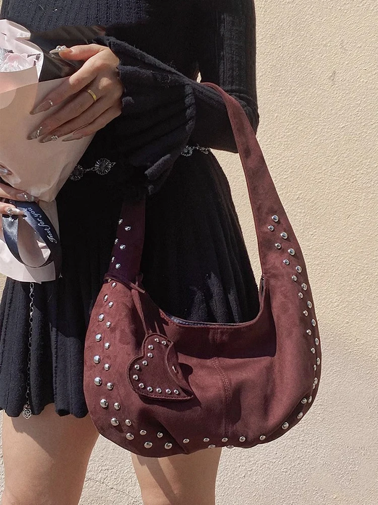 حقيبة يد كلاسيكية جديدة من جلد الغزال للنساء، حقيبة تحت الإبط ببرشام، حقيبة كتف مفردة عصرية #5