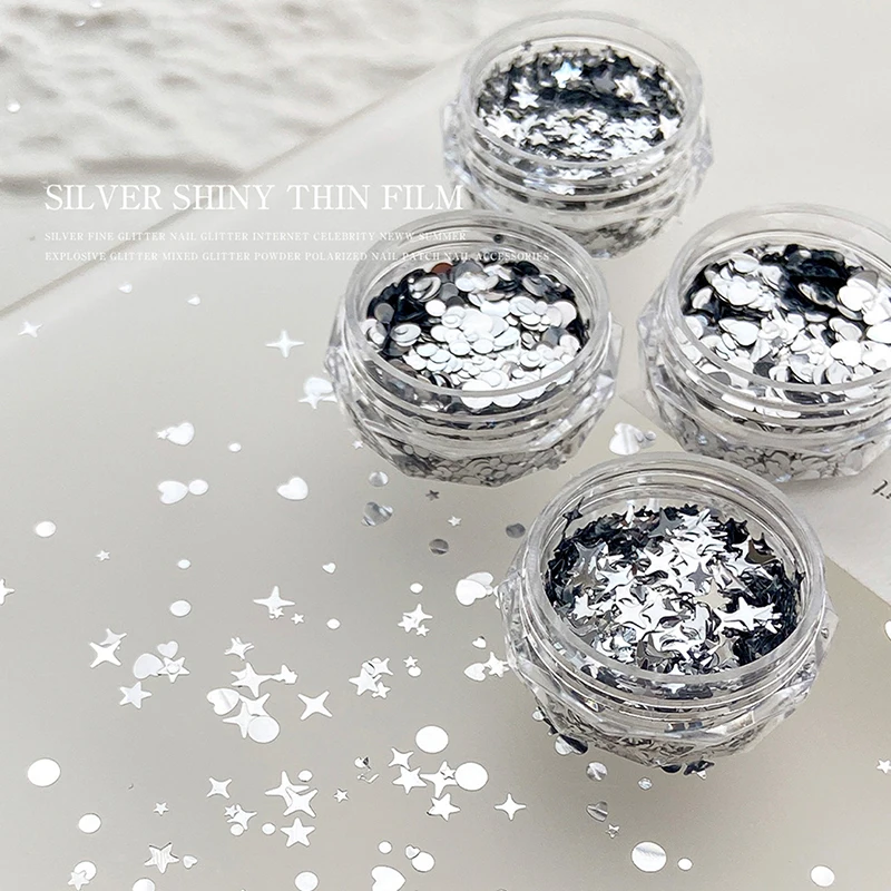 1 Jar Shiny Silver Sequins Mix Shapes Starlight Love Star Slice Decals Manicure Paillette Charms Nail Art Stickers