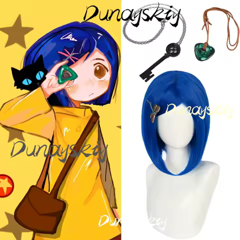 Anime Synthetic Coraline Blue Wig Necklace Hairpin Short Straight Bob Wig Heat Resistant Wigs for Women Girl Party Customized