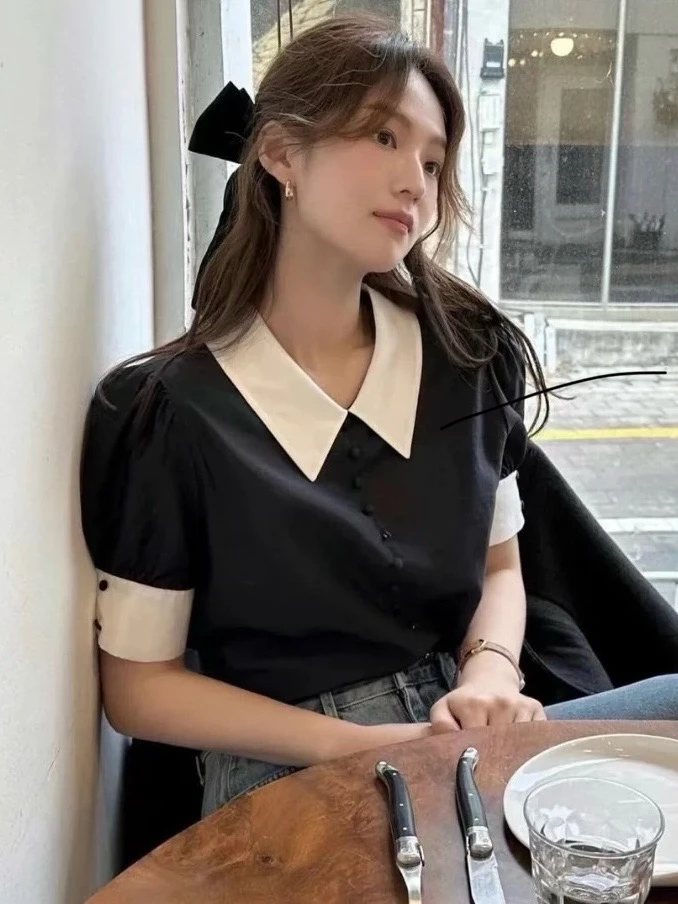 

Рубашка Candy Miss в корейском стиле, облегающая, с рукавами-фонариками, отложным воротником, цветными блоками, коротким рукавом, женский топ в милом стиле