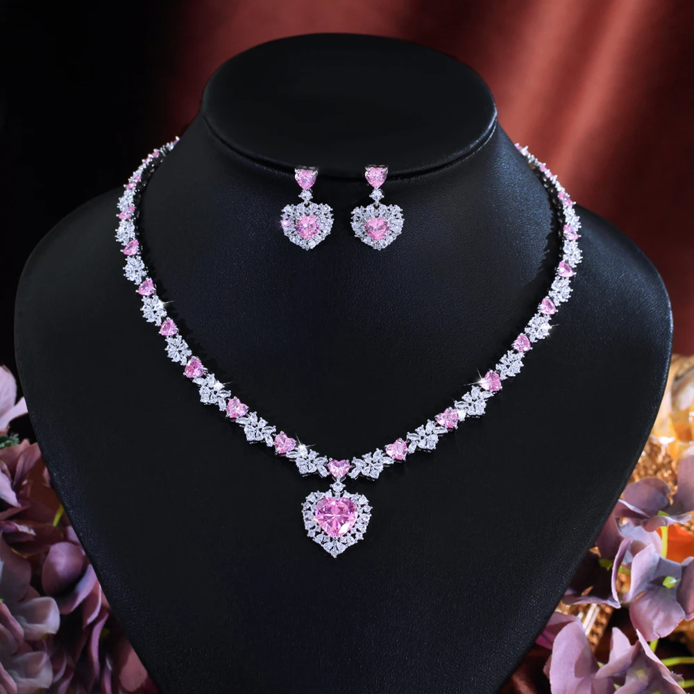 

CWWZircons Luxury Romantic Pink Cubic Zircon Big Heart Shape Pendant Necklace Earrings Set for Women Wedding Party Jewelry T0993