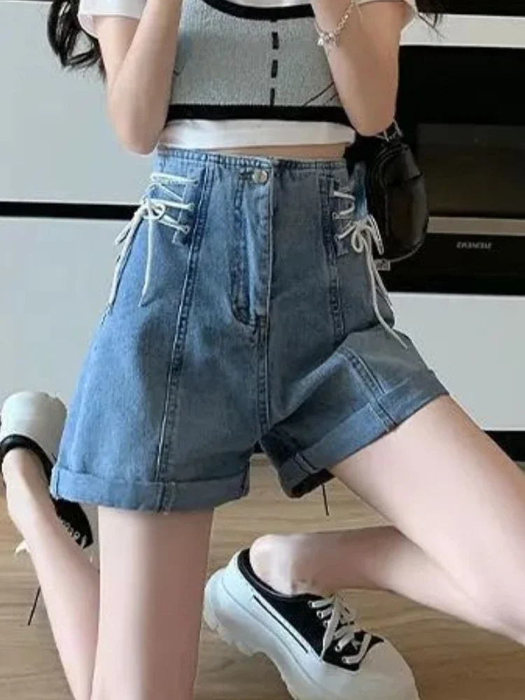 Pantalones cortos de mezclilla para mujer, moda lisa, sencilla, vendaje, ocio, cintura alta, estilo coreano, corte en A, diario, verano, diseño elegante Retro