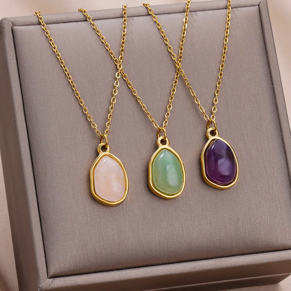 Fashion Oval Opal Pendant Necklace Stainless Steel Chain 18 K Gold Color Cute Lucky Jewelry For Women Accesorios Birthday Gift