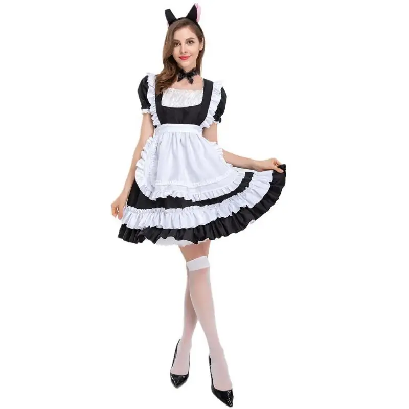 

Pink Cat Maid Cosplay Costume Kawaii Black Lolita with Apron Anime Carnival Servant Dress Short Sleeved Uniform Maid Wear