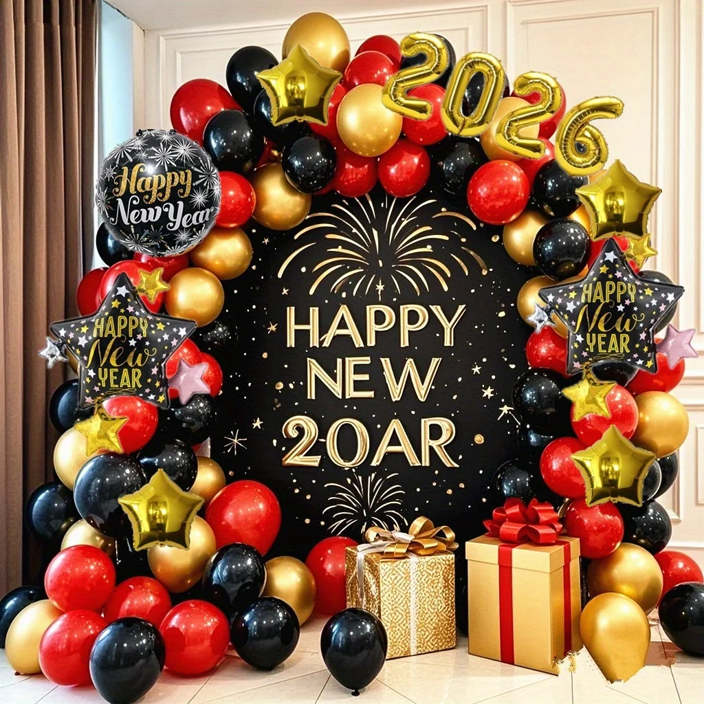 131 Stück Frohes Neues Jahr Ballon Bogen Girlande Kit Rot Schwarz Goldene Latexballons 2026 Folienballons Silvester Partydekorationen