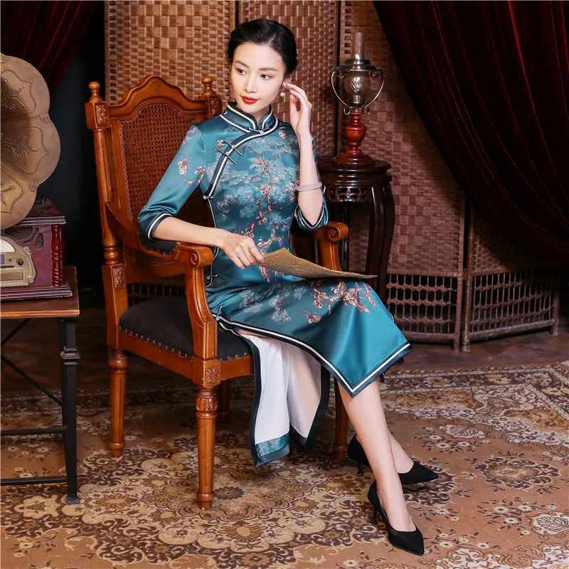 Vintage Satin Qipao Chinese Dress Autumn New Fashion Elegant Cheongsam Women's Large Size 4XL Sexy Slim Fit Party Prom Vestidos