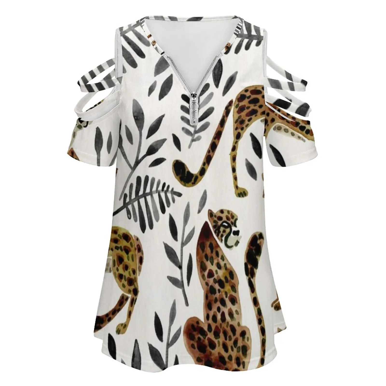 Cheetah Collection – Mocha & Black Palette Women's T-Shirt New Fashion Printed Zipper V-Neck Short Sleeve T Shirts Casual Plus