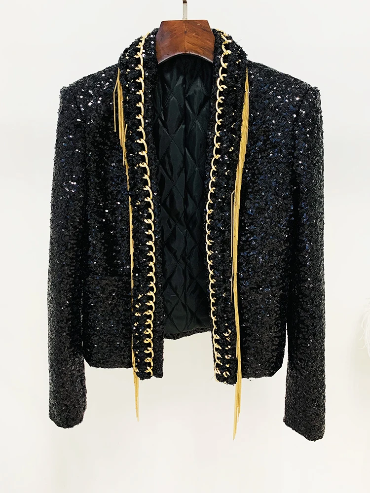 HIGH STREET Newest 2024 Designer Fashion Women\'s Tassel Chains Sequined Jacket