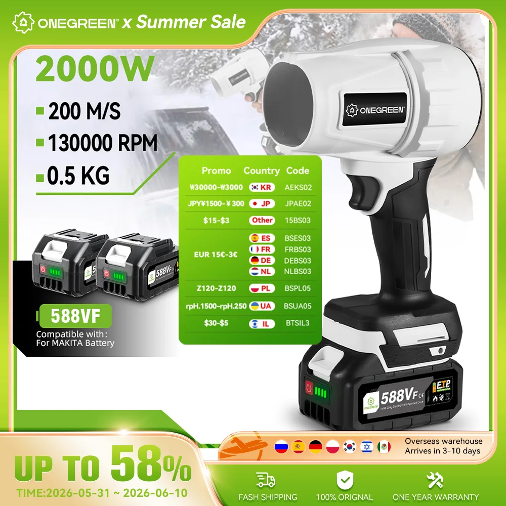 ONEGREEN Bezszczotkowy 2000W Elektryczny Turbodmuchawca Wentylator Jet 150000RPM Mocny Dmuchawa Powietrza Narzędzie do Akumulatora Makita 18V Pin