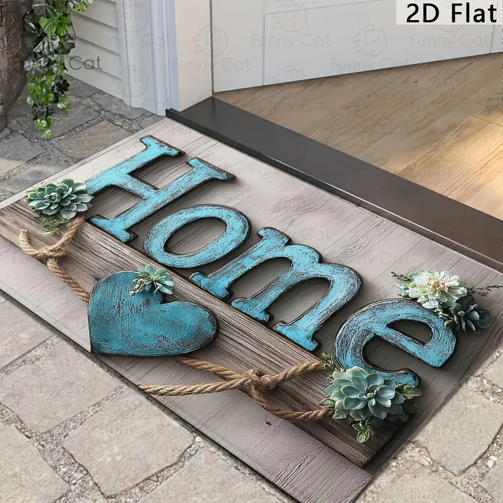Blue Wood Grain Heart Home Welcome Doormat Tech Fabric Diatom Mud Non Slip Machine Washable Floor Mat Bedroom Entryway Hallway Front Door Indoor Spring Summer Home Decor Rustic Entrance Rug Farmhouse Doorway Decoration Housewarming Gift