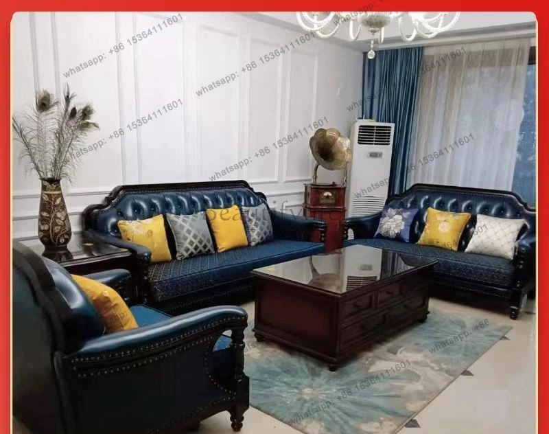 

American retro furniture country leather sofa full wood carving flower