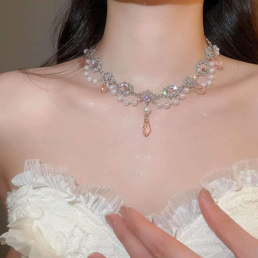 Glänzende Kristall-Wassertropfen-Perlen-Quasten-Anhänger-Halskette für Damen, Hochzeitsfeier, ästhetische Dekoration, Charm-Accessoires