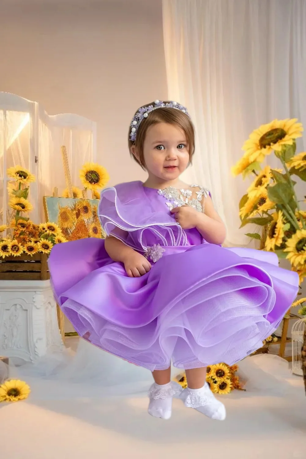 

Cute Little Baby Flower Girl Dress Satin With Tulle Pearl Appliqué Wedding Thin Length Bow Belt Girls Birthday Ball Party Gowns