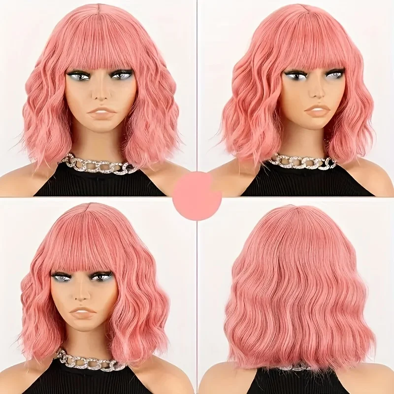 Wig sintetis dengan Wig poni wanita, Wig Bob pendek bergelombang keriting, Wig rambut pengganti rambut tahan panas