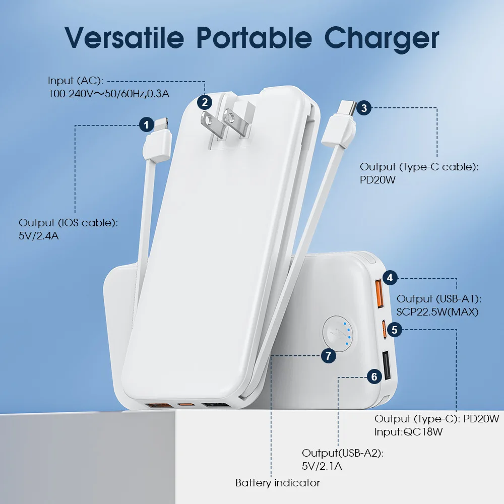 12000mAh Power Banks Charger with AC Plug Fast Charging PowerBank USB Type C Mobile Phone Spare battery Charger for IPhone 16 15