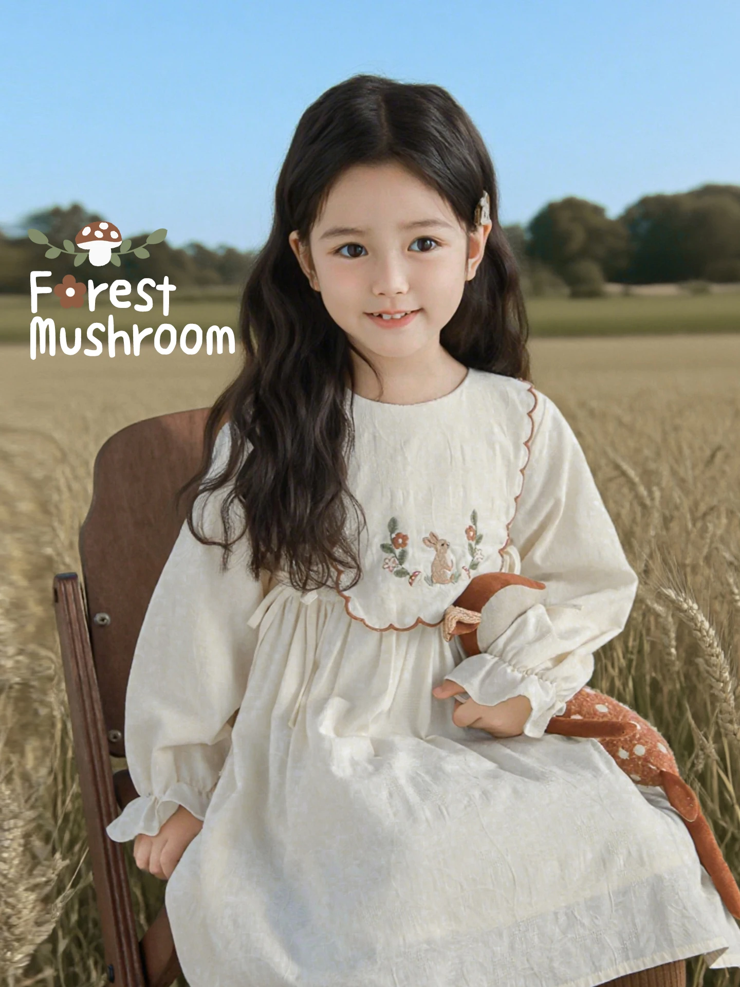

Girls Fresh Forest Dress Autumn Breathable Exquisite Embroidery Notched Collar Lightweight Ethereal A Line Dress Ages 1-7 Years