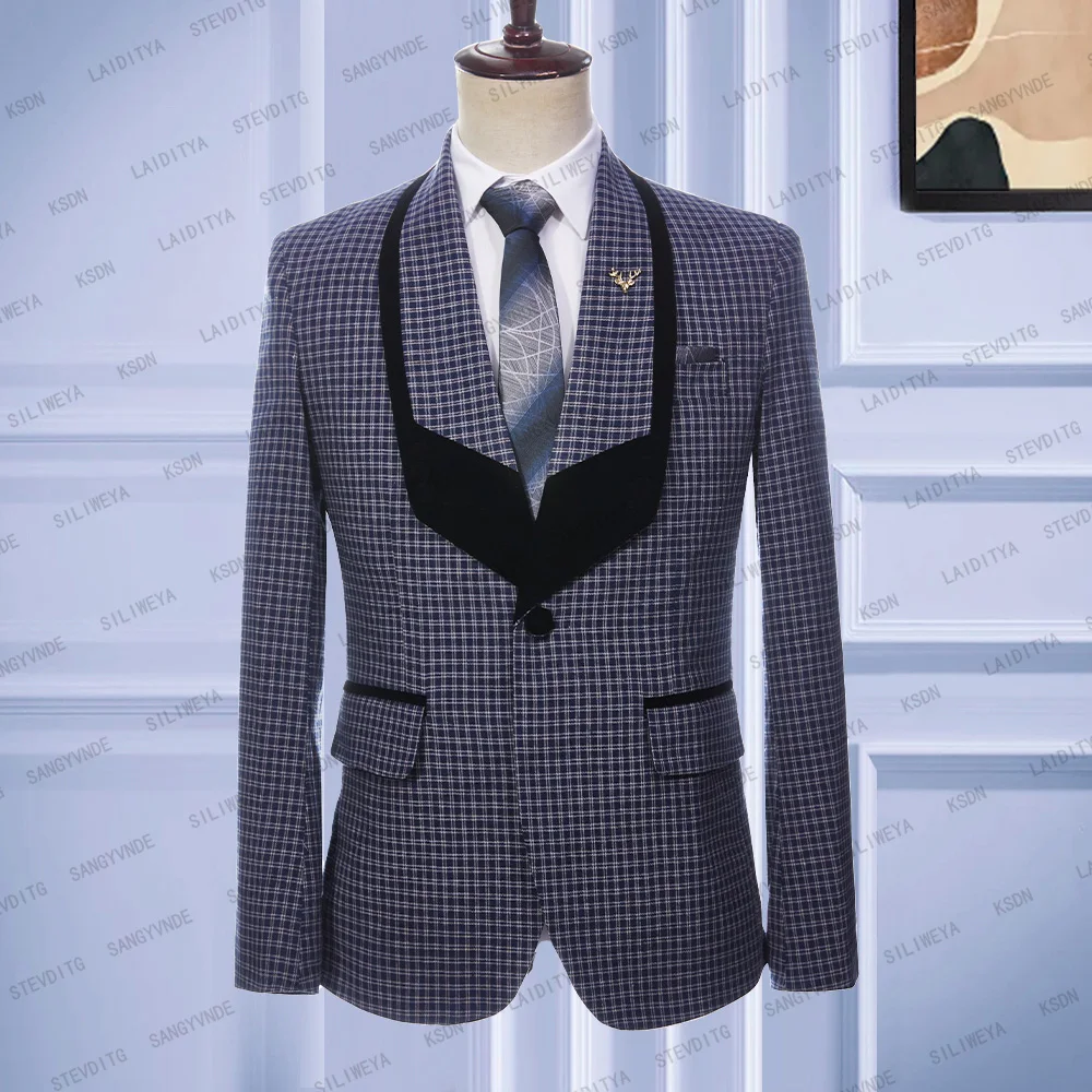 

2023 New Men Wedding Party Summer Blue White Reto Classic Plaid Black Shawl Lapel Jacket Fashion Slim Fit Suit Blazer Coat