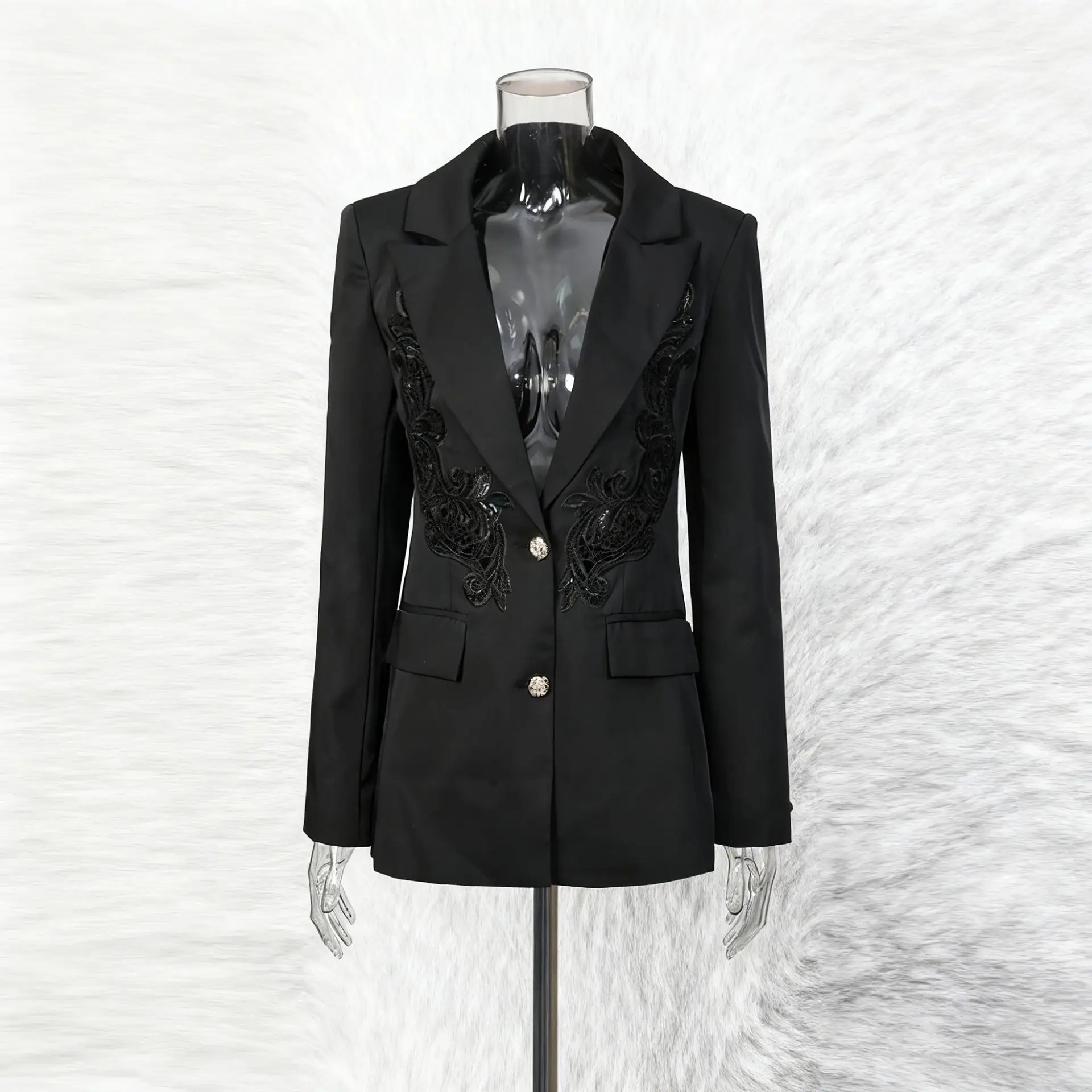 Elegant  Style Embroidered Heavy Work Long Sleeve Hollow out Waist Cinched Suit Jacket for Women Trendy Fashionable