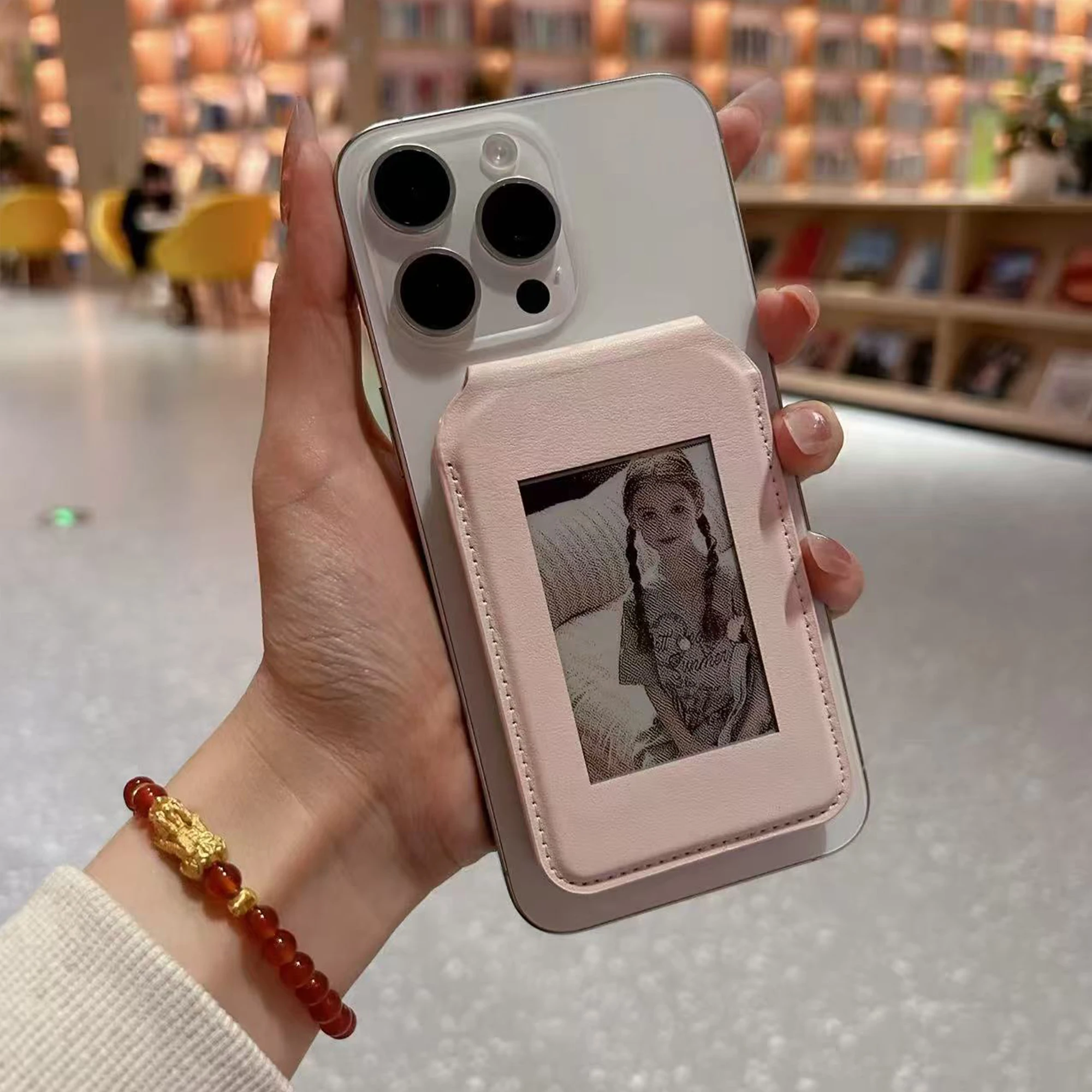 

Minisopuru Magnetic E-Ink Screen Phone Holder with Mirror Leather Magnetic Mobile Phone Wallet Case for iPhone DIY Desktop Stand