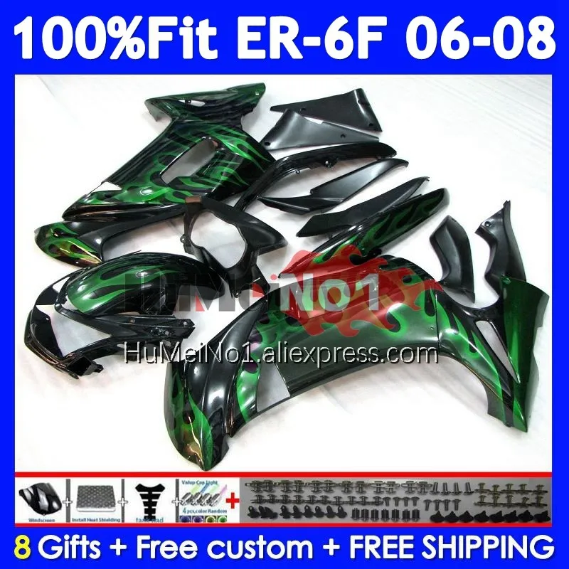 Injection Body For KAWASAKI NINJA Green flames 650R ER6 F 650 R ER 6 F 245No.75 ER-6F ER 6F ER6F 06 07 08 2006 2007 2008 Fairing