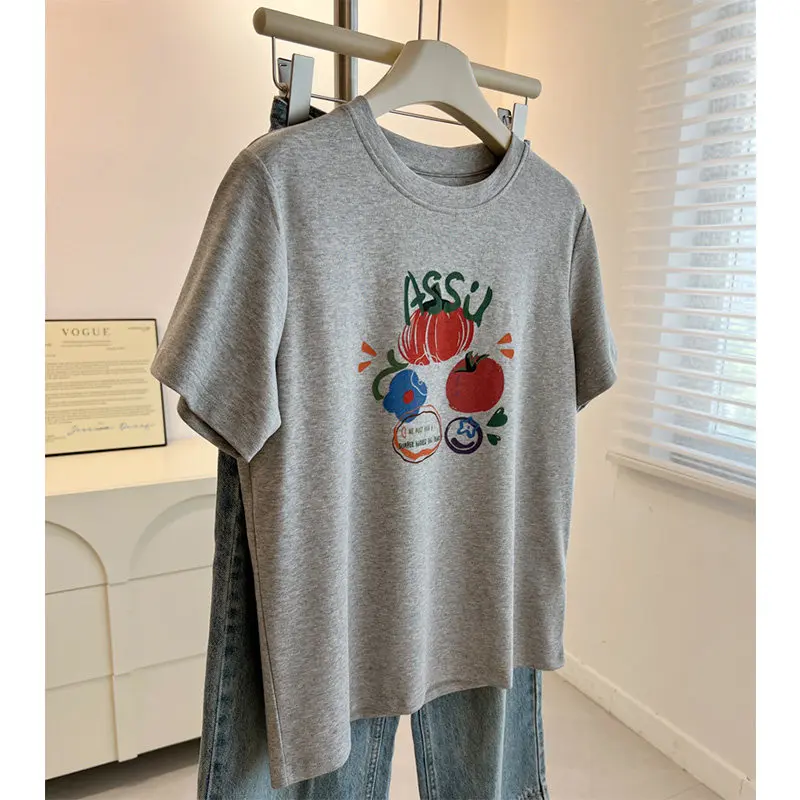 Korean Style Women T Shirt Short Sleeve Melon Fruit Print Round Neck Loose Summer Top