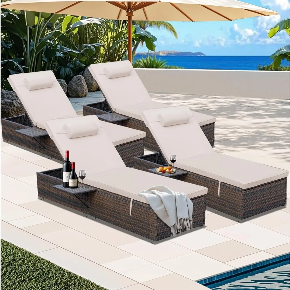 

Outdoor Rattan Chaise Lounge Set of 4, PE Wicker Patio Reclining Sunbathing Chaise Lounge Chairs with Cushions, Head Pillows, Si