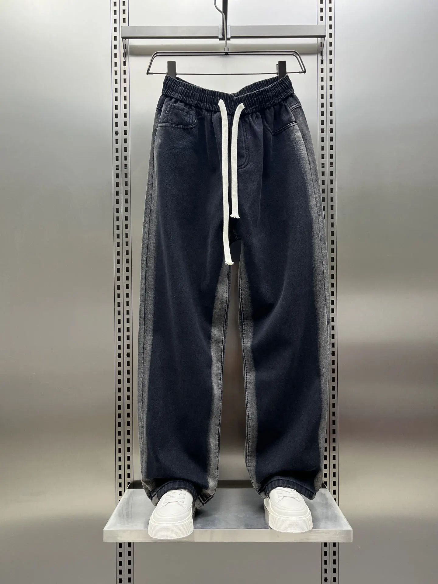 

Мужские джинсы в стиле ретро с подкладкой, однотонные, повседневные, свободные, с широкими штанинами, прямого кроя, длинные брюки для зимы и повседневной носки