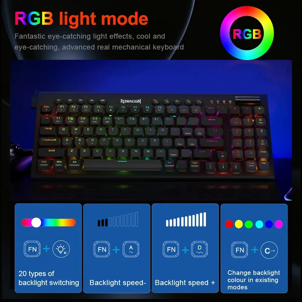 REDRAGON Sion K653 Pro RGB 지지대 블루투스 5.0, 무선 USB 2.4G, 3 가지 모드, 슬림 기계식 게이밍 키보드, 컴퓨터 PC용 94 키