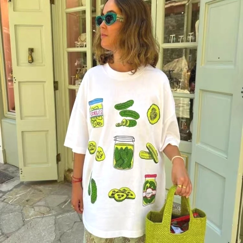 Trendy Funny Pickle Graphic T-Shirt Sweet Girls Women Retro Dill Pickle Jar Print Summer Casual Tee Food Lover Oversized Top