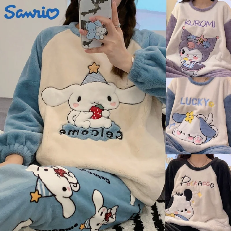 New Sanrio Winter Cartoon Pajama Set Women Pyjamas Plaid Flannel Loung Sleepwear Women Pijama Suits Homewear Christmas Gift